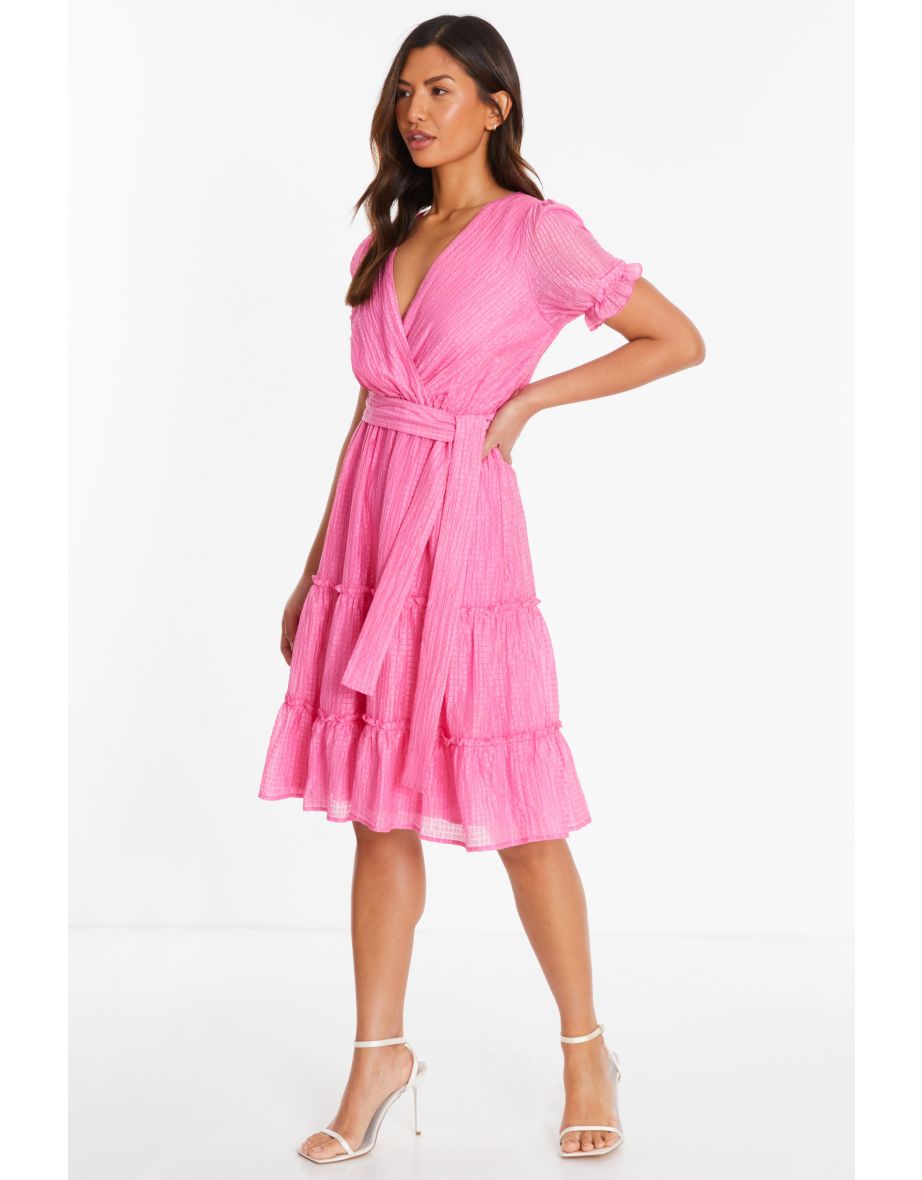 Pink Textured Frill Skater Midi Dress