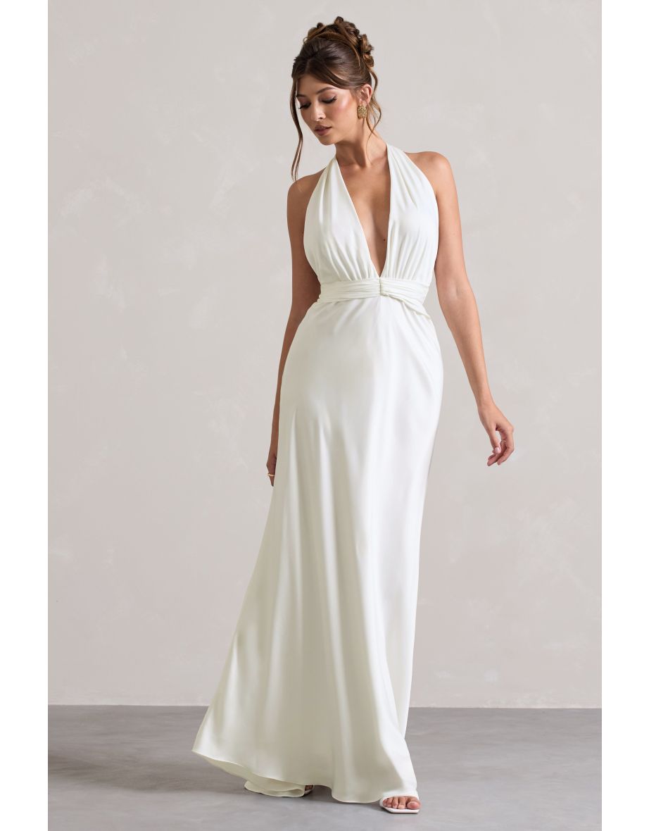Carolyn | Ivory Satin Plunge Floor Dress With Dipped Hem