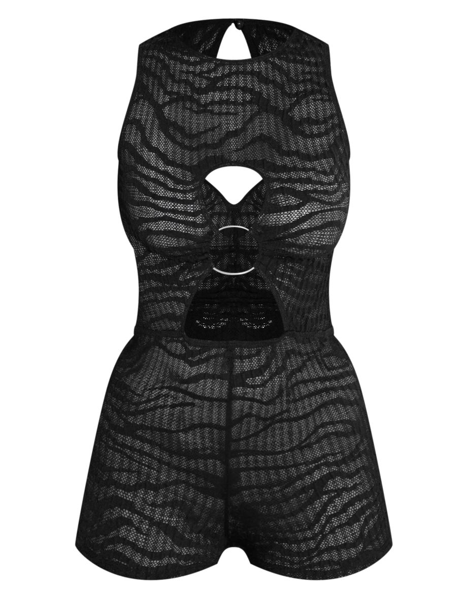Black Sheer Textured Jersey Ring Detail Cut Out Playsuit - 4