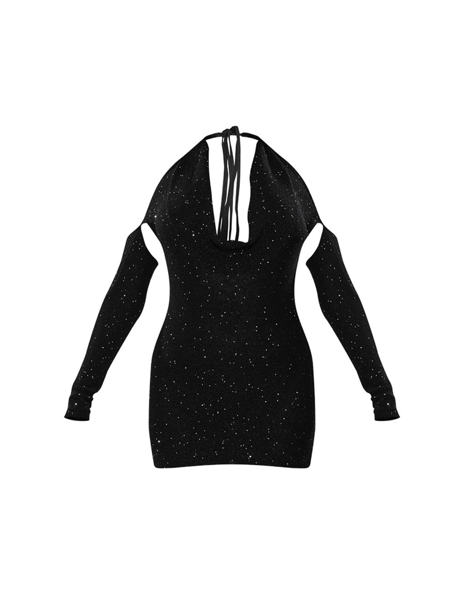 Black Sequin Knitted Cowl Neck Dress - 4