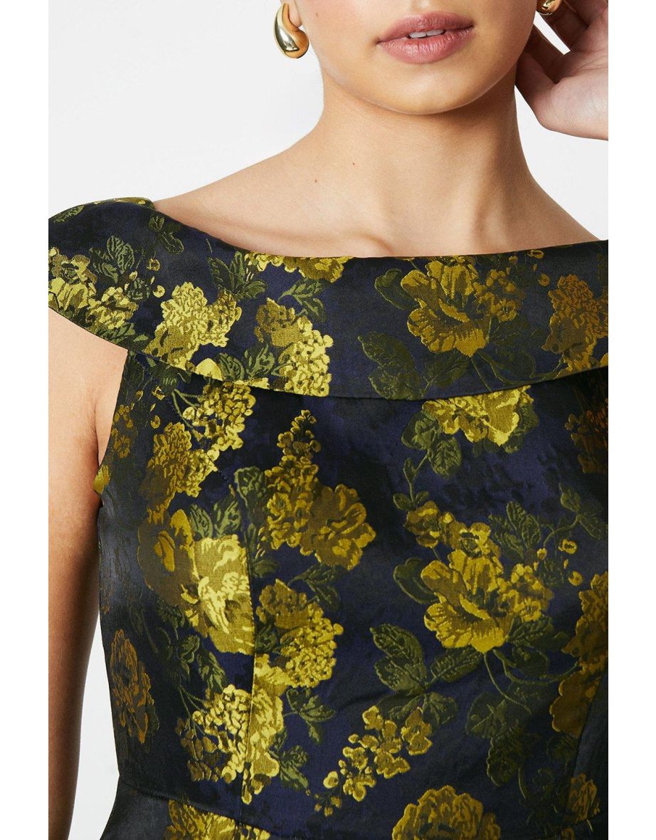 Jacquard Folded Neck Bardot Twill Midi Dress - 3