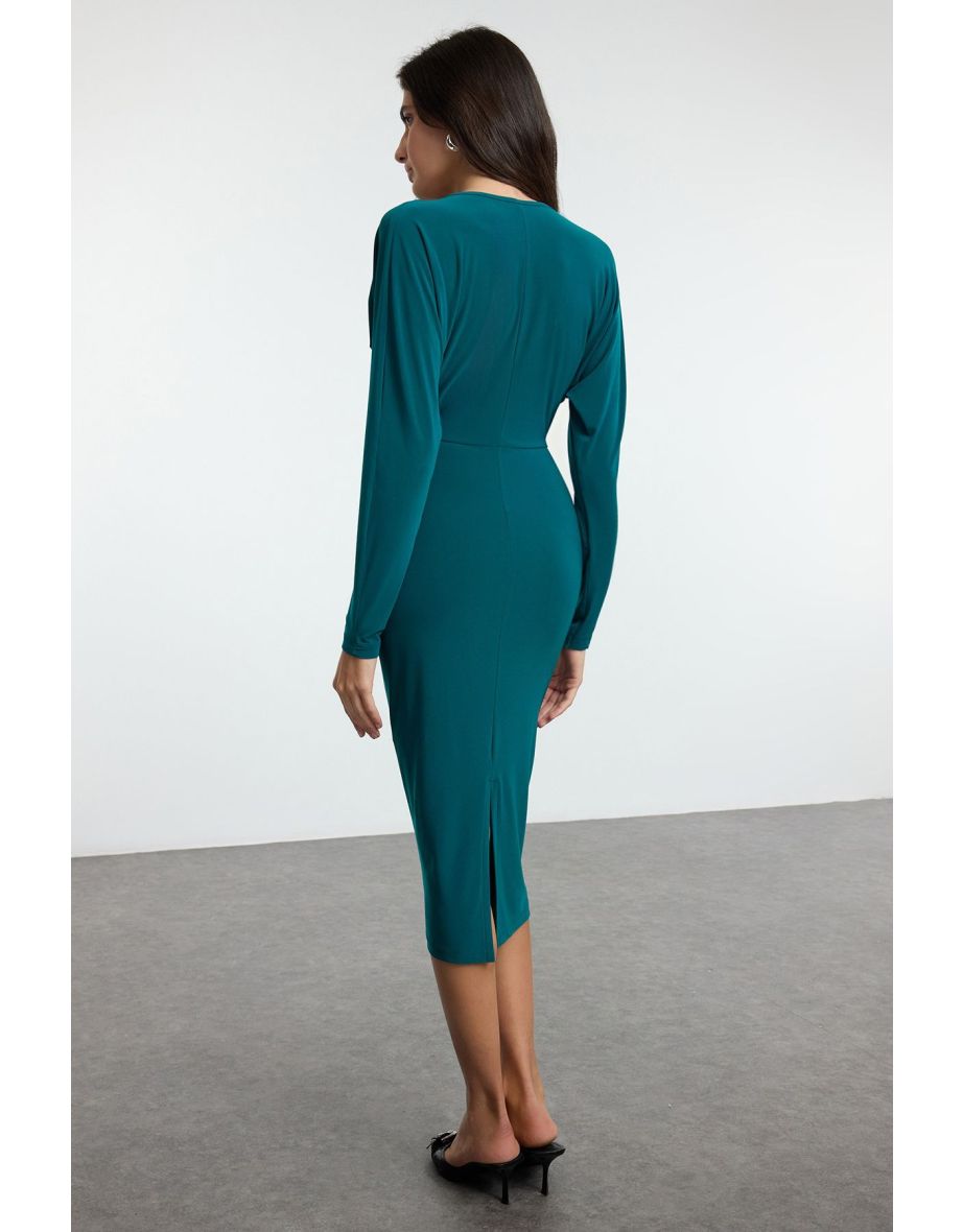 Emerald Green Plain Midi Batwing Sleeve Detailed Fitted Elastic Midi Knit Dress - 2