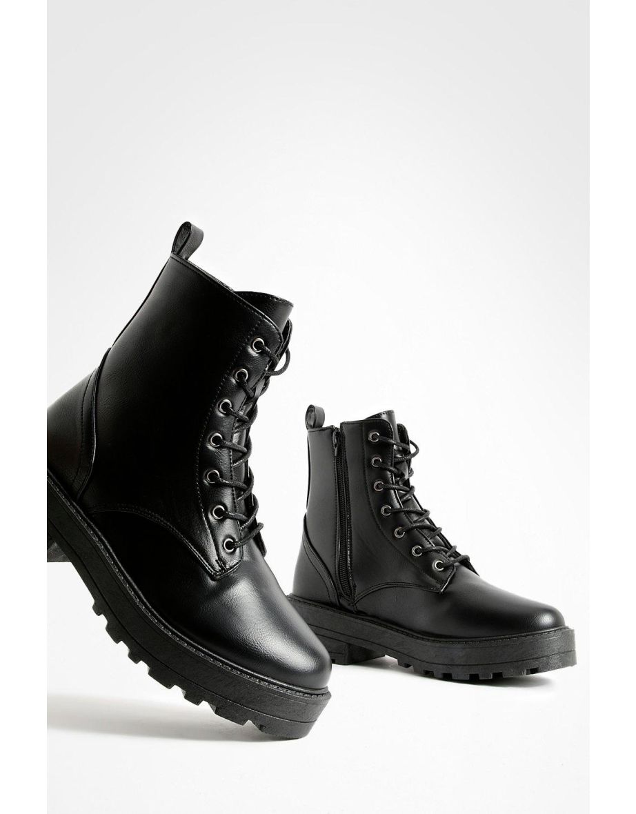 Lace Up Chunky Hiker Boots - black - 3