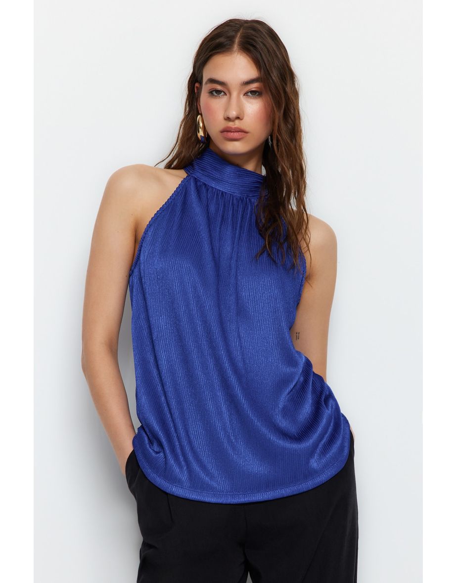 Saks High Neck Pleat Knitted Blouse
