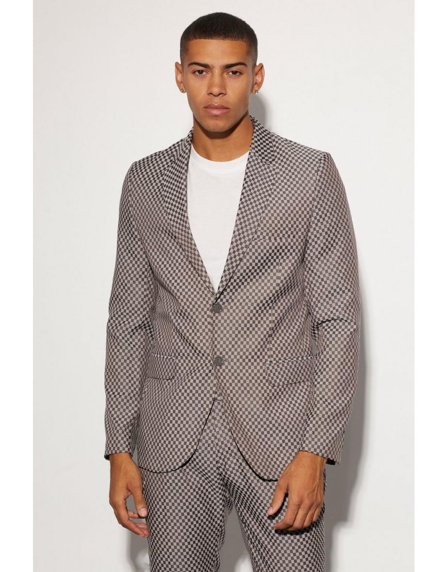 Slim Single Breasted Checkerboard Suit Jacket - grey