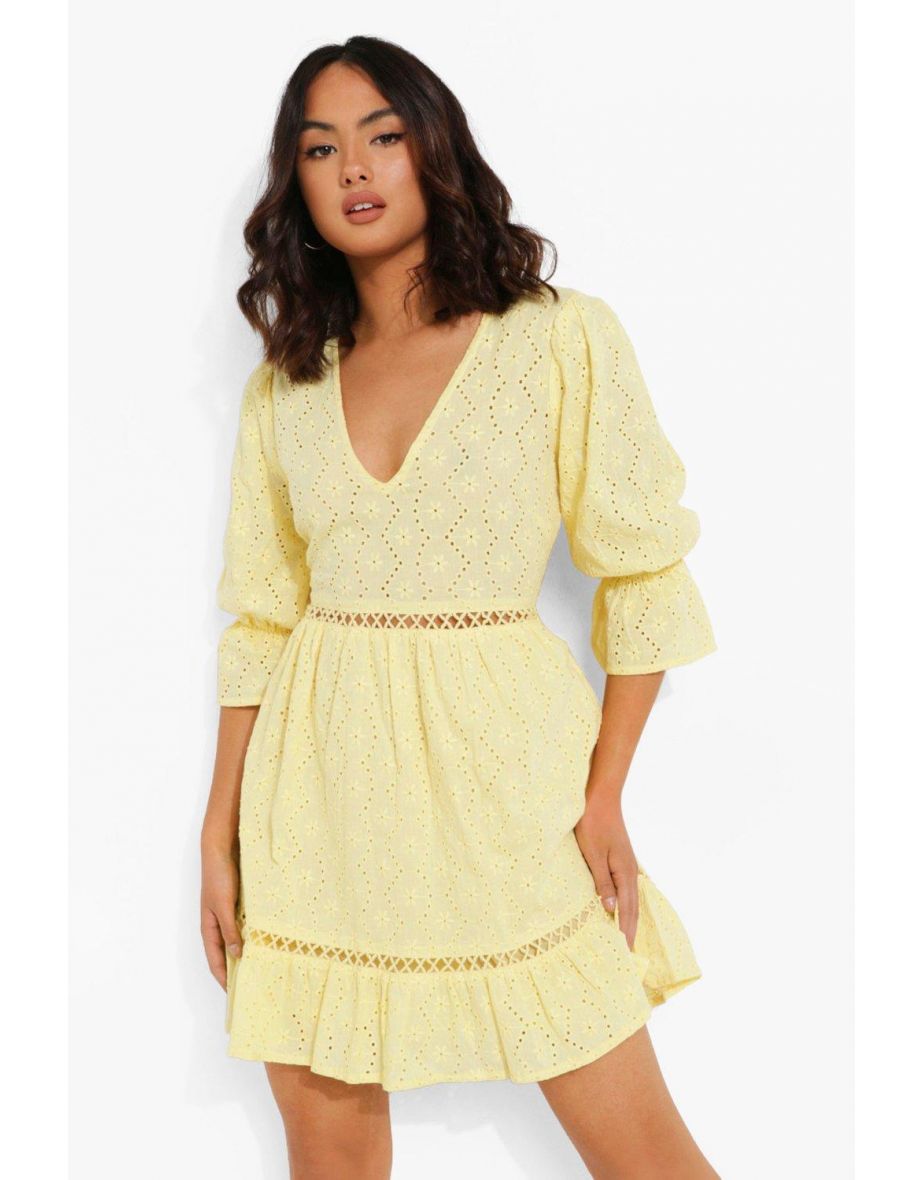 Broderie Lace Up Back Puff Sleeve Mini Dress - lemon - 3