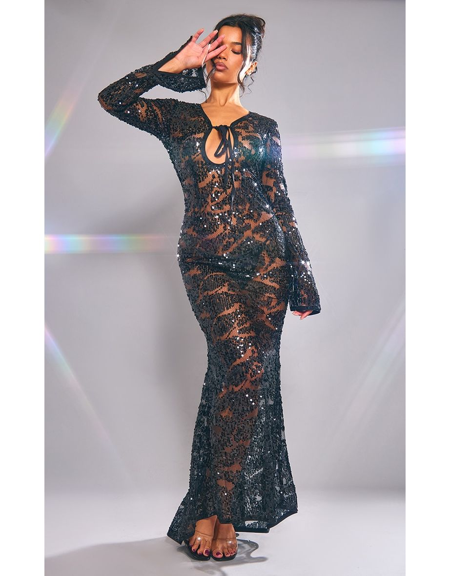 Sheer sequin maxi sales dress