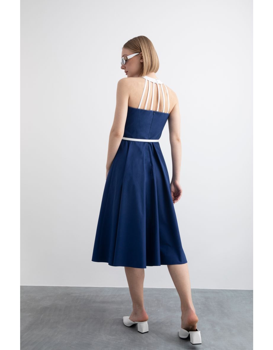 Cotton Midi Dress with Bias Tape Collar Detail Belted Corset Look and Sleeveless Flared Skirt - 4