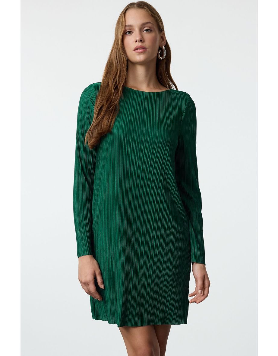 Emerald Green Plain Plain Pleated Lined Shift Mini Boat Neck Knitted Dress