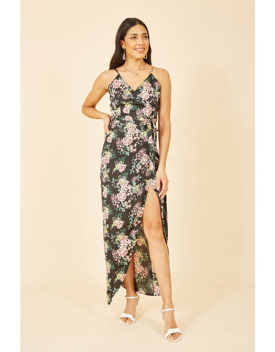 Shop Mela Black Satin Floral Wrap Maxi Dress Online in Bahrain VogaCloset