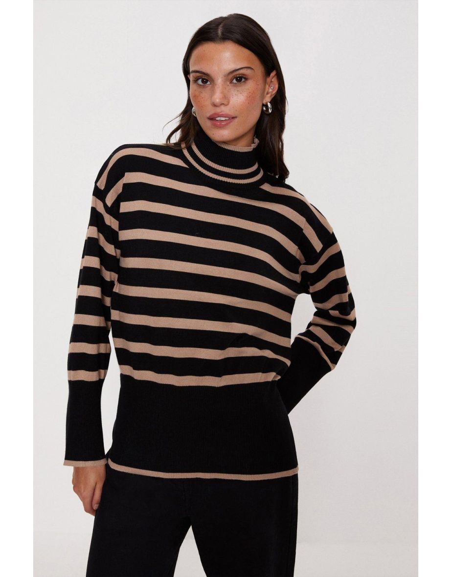 Mixed Stripe Longline Roll Neck Jumper