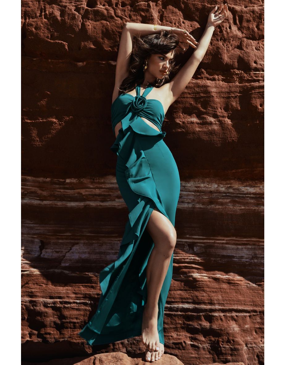 Powerful | Blue Cut-Out Halter-Neck Maxi Dress With Flower & Ruffles
