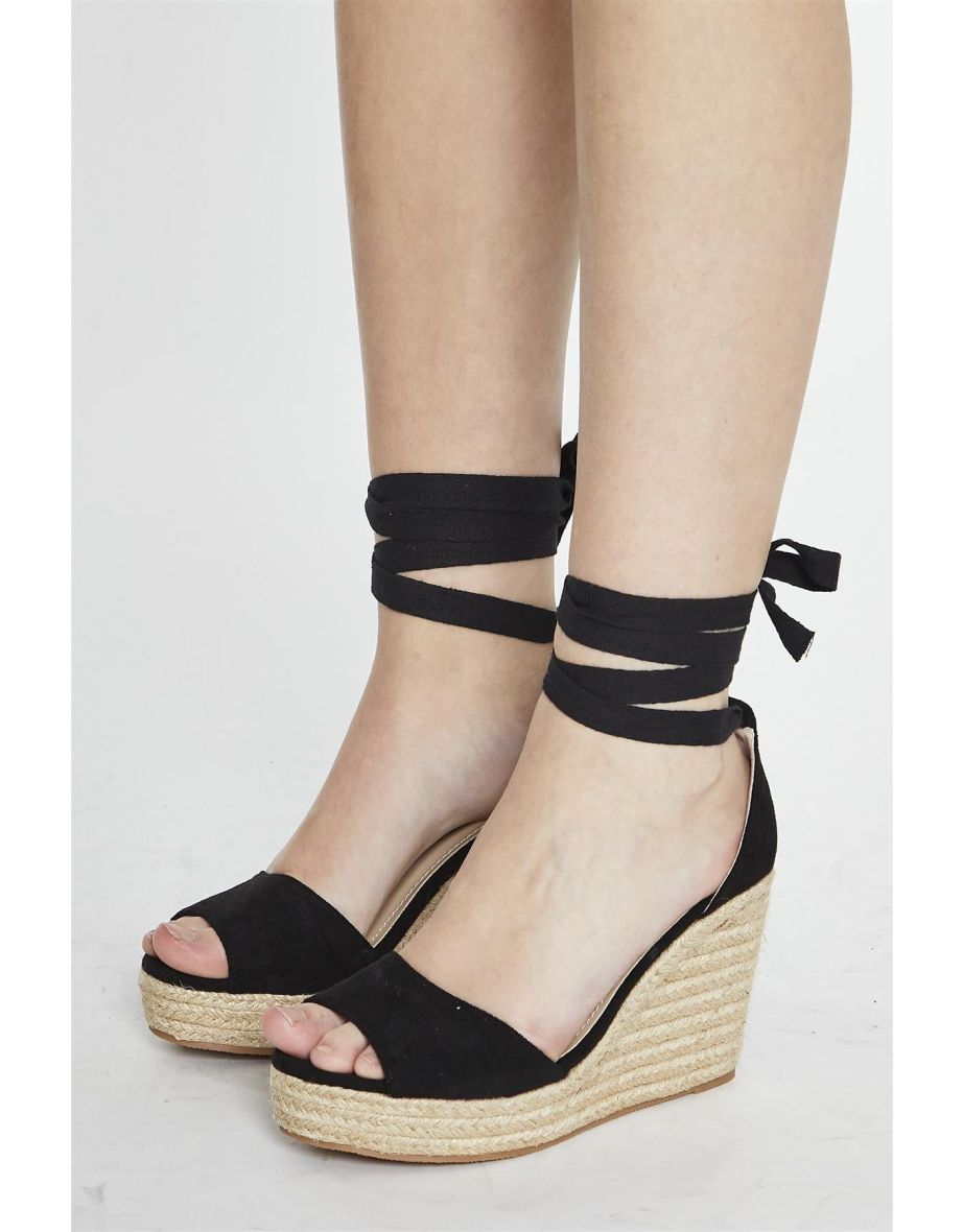 Black Lace Up Espadrille Wedges