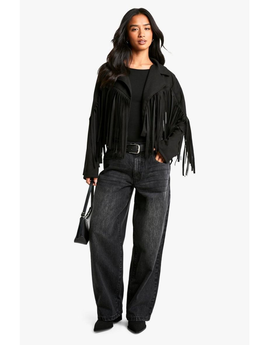 Petite Suede Look Fringe Jacket - black