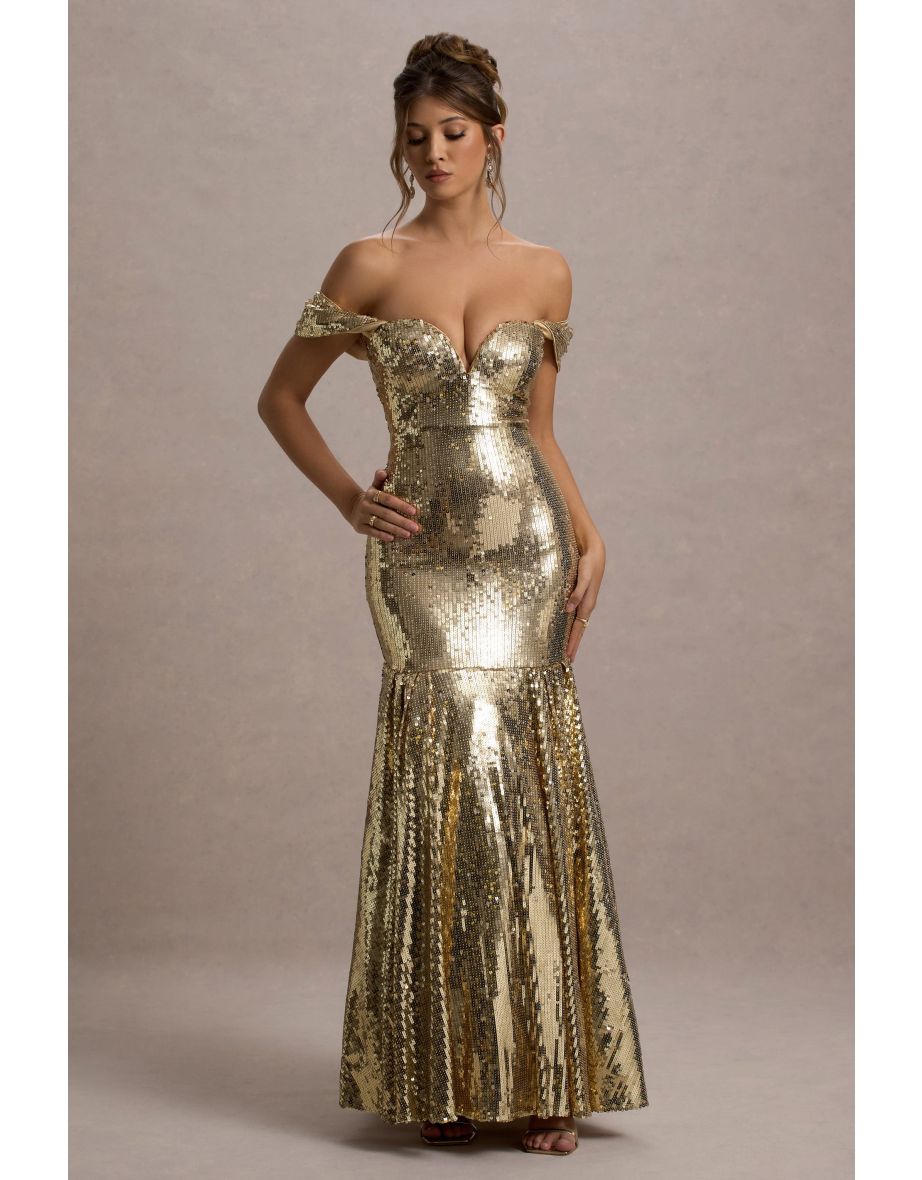Guest Of Honour | Gold Sequin Bardot Floor Length Dress - 6
