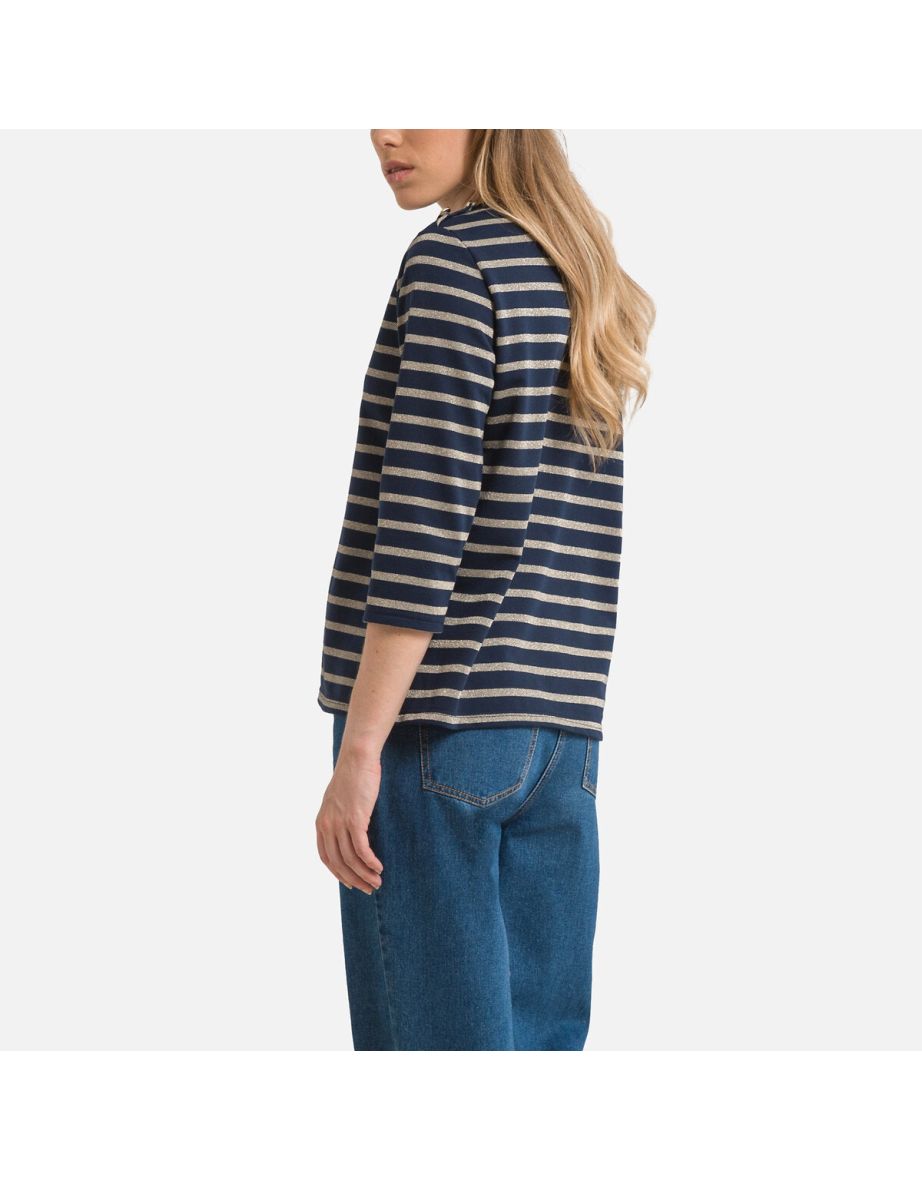 Glittery Breton Stripe Sweatshirt with 3/4 Length Sleeves - 3