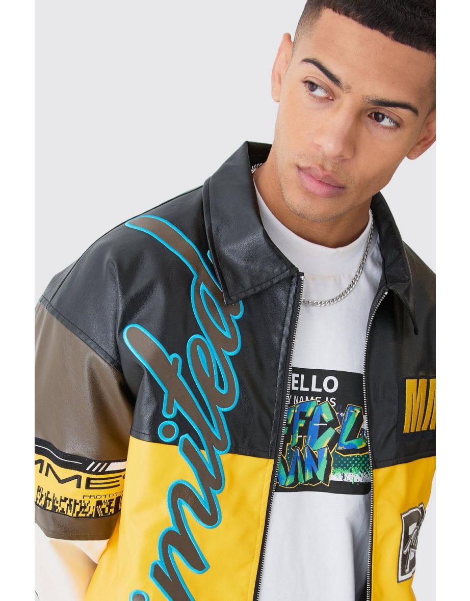 Shop Oversized Pu Badge Moto Jacket yellow Online in Qatar VogaCloset