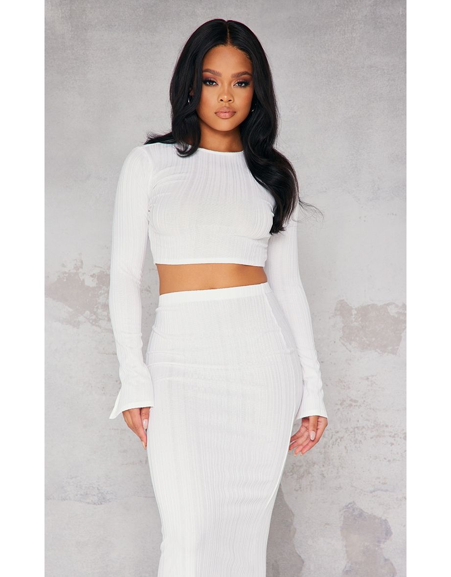 Cream Textured Rib Long Sleeve Crop Top