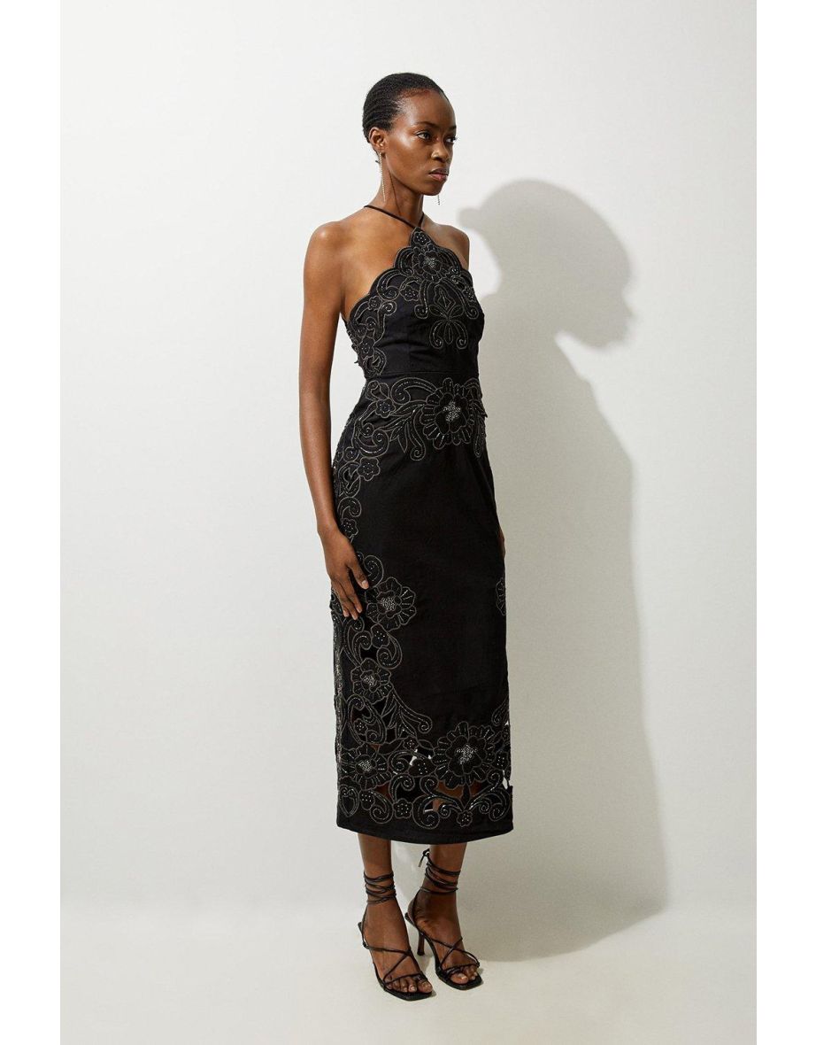 Cotton Quilted Cutwork Beaded Woven Halter Midaxi Dress