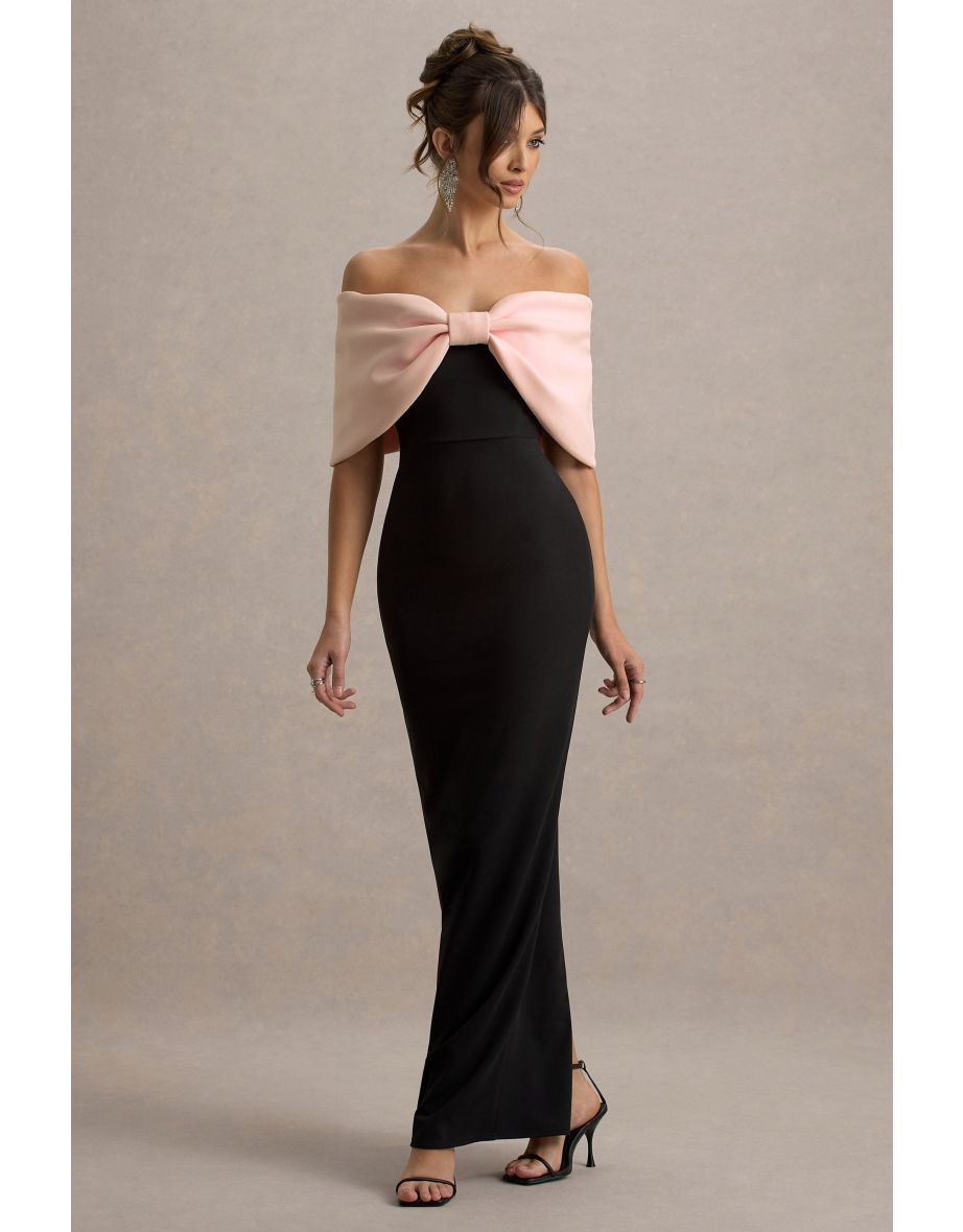 Cornelia | Pink & Black Strapless Maxi Dress With Oversized Bow