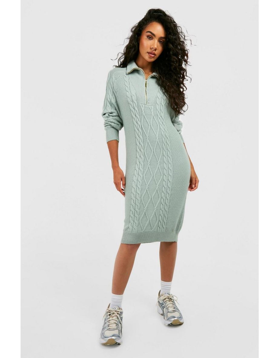 Cable Knit Half Zip Collared Jumper Dress - sage
