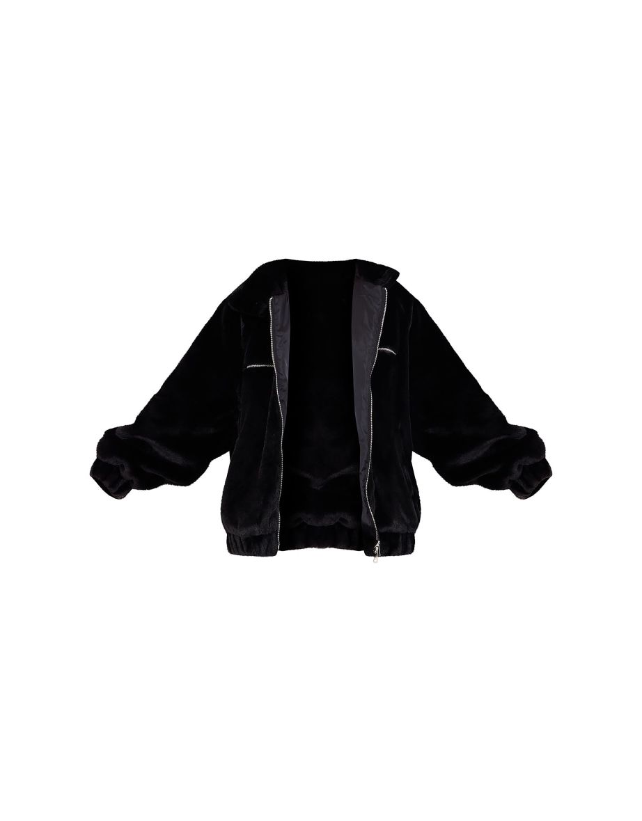Black Faux Fur Zip Up Jacket - 4