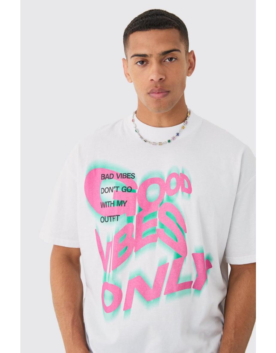 Oversized Extended Neck Good Vibes Only T-shirt - white