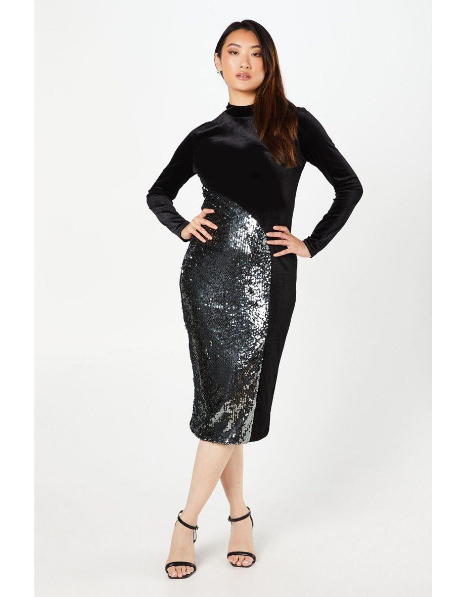 Sequin And Velvet High Neck Pencil Dress