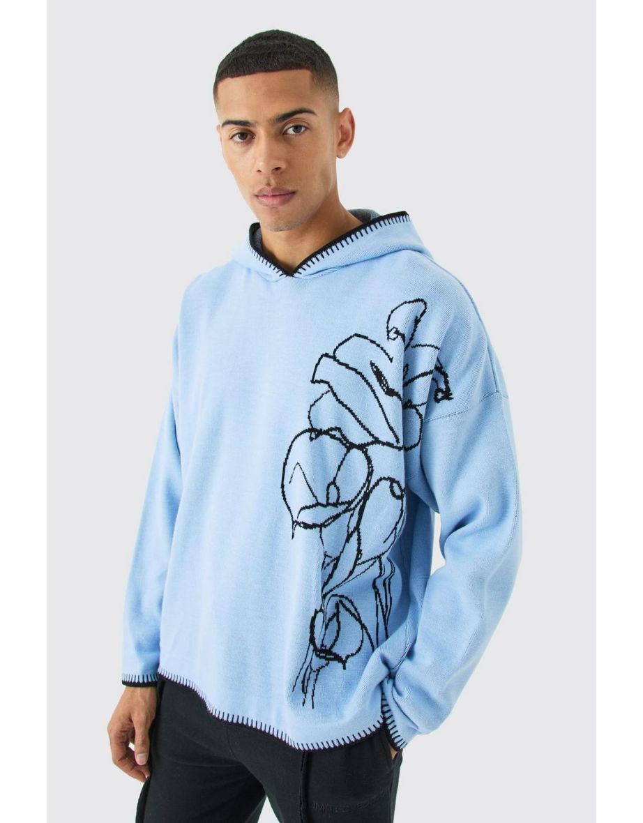 Oversized Drop Shoulder Line Drawing Hoodie - blue - 2