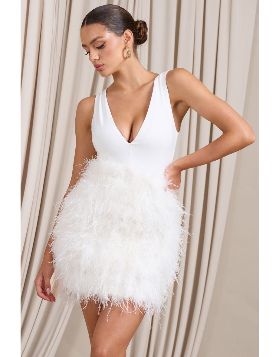 Flirt | White Plunge Front Mini Dress With Feather Skirt - 4