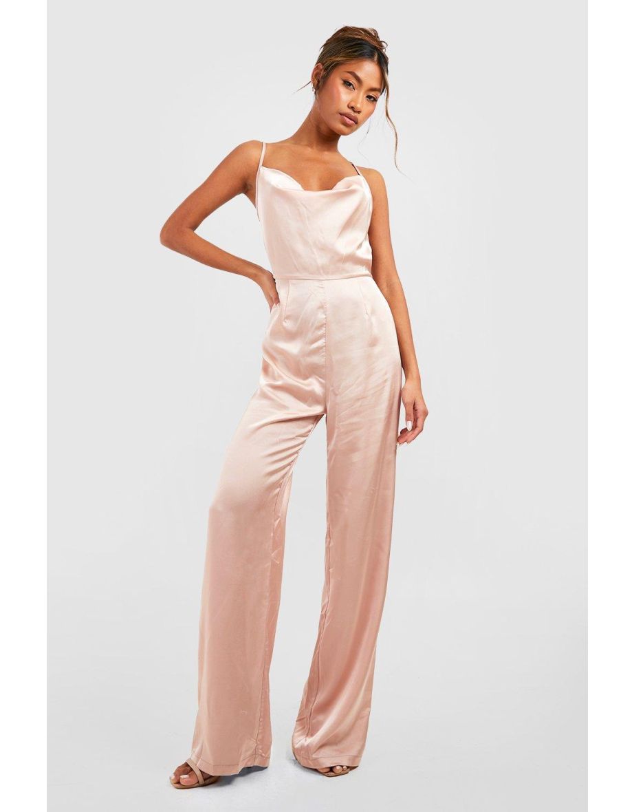 Satin Cowl Neck Wide Leg Jumpsuit - champagne