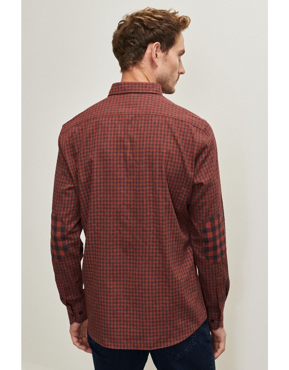 Men's Anthracite-red Slim Fit Narrow Cut Button Collar Flannel Shirt - 4
