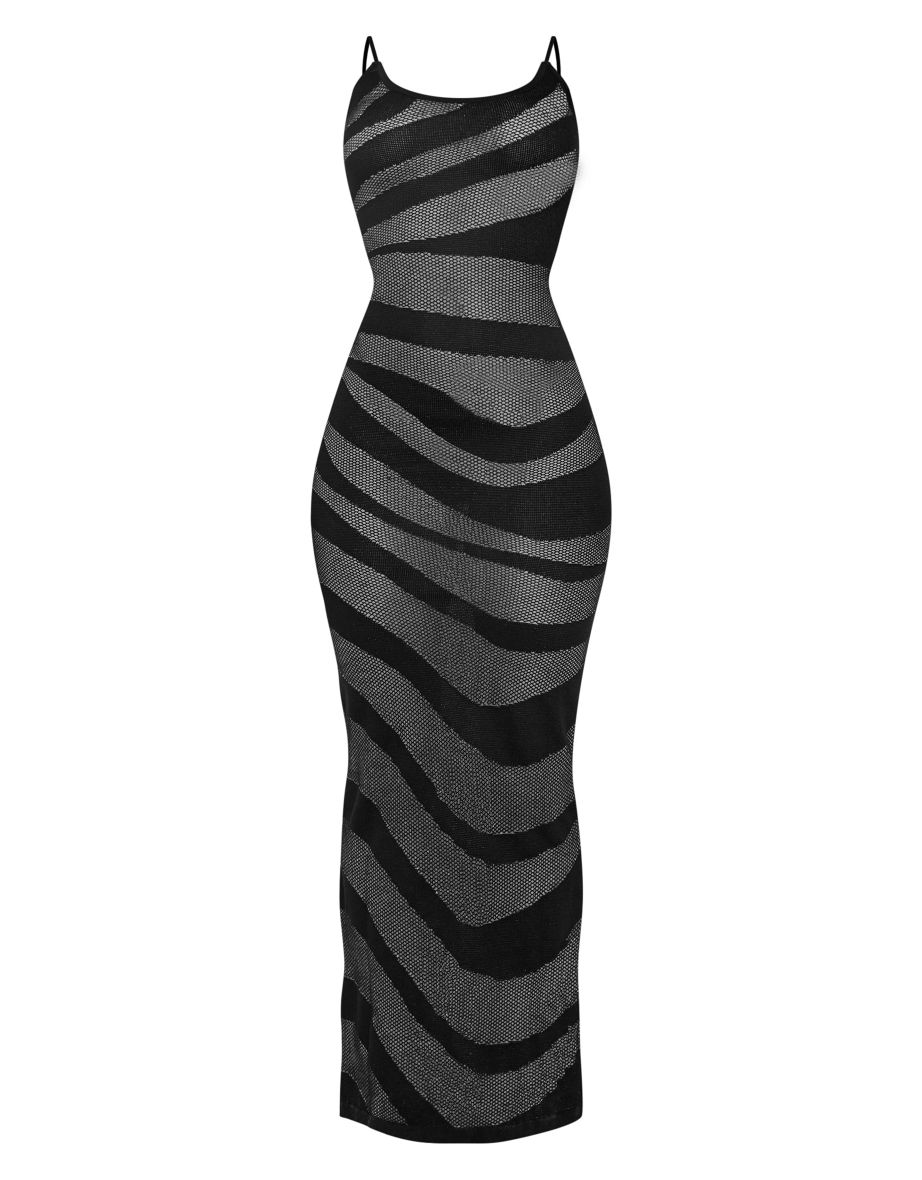 Black Sheer Knit Stripe Midi Dress - 2