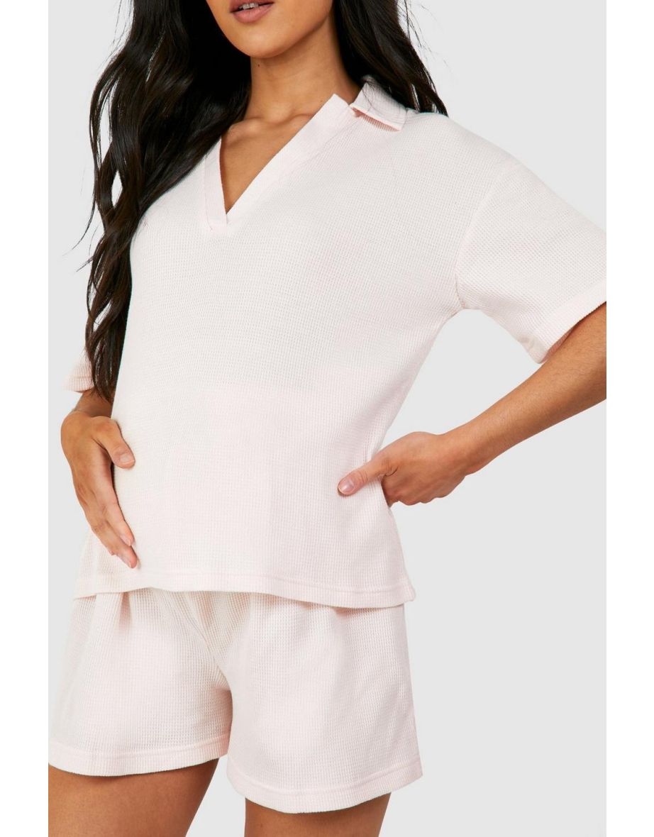 Maternity Waffle Collared Shirt And Short Lounge Set - light pink - 3