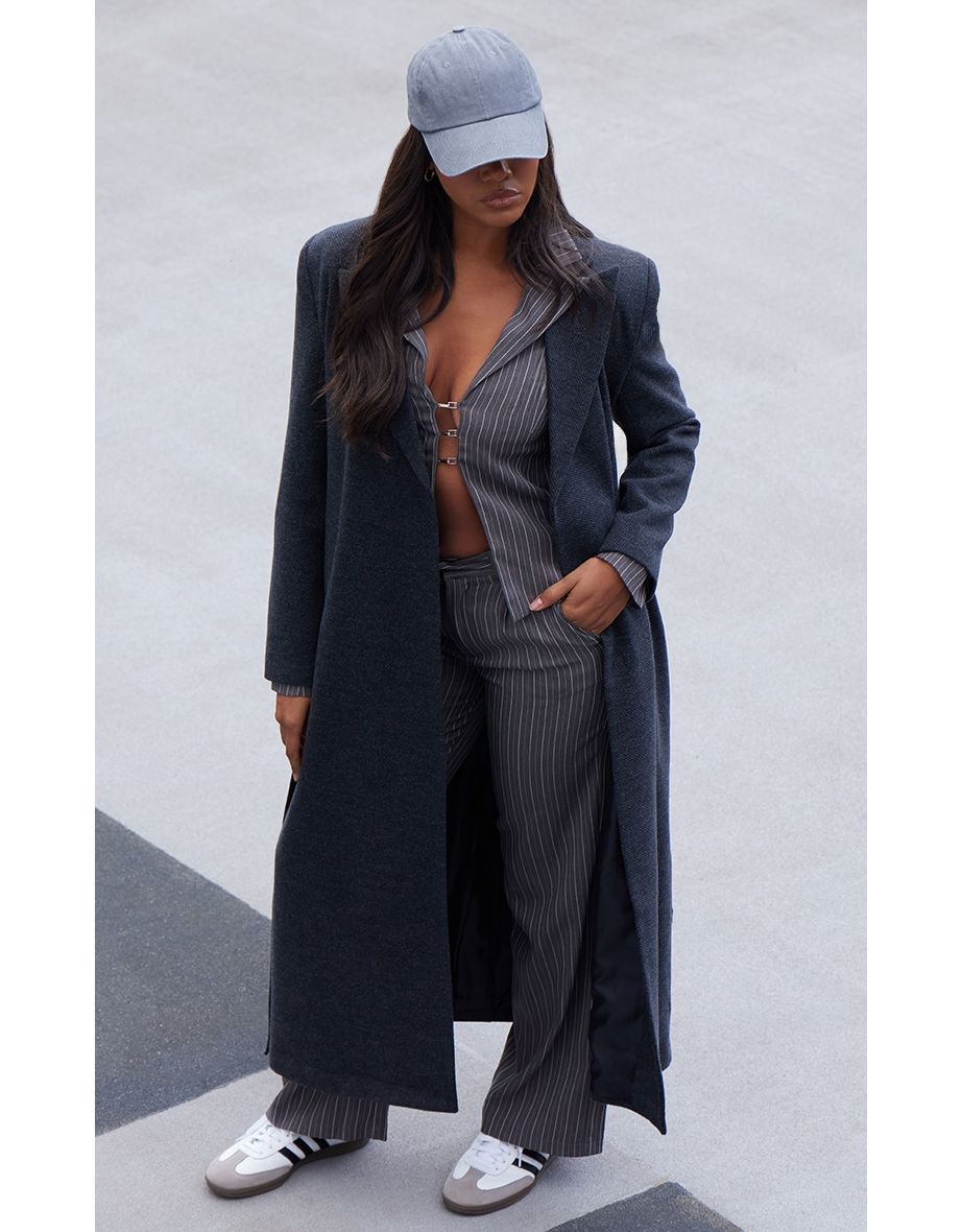 Black Herringbone Self Tie Maxi Coat