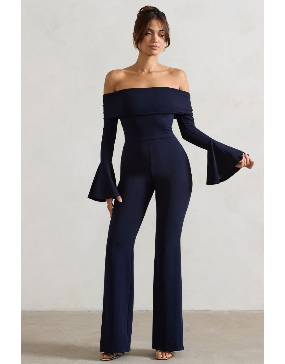 Shauna | Navy Bardot Long-Sleeve Flared Jumpsuit - 4