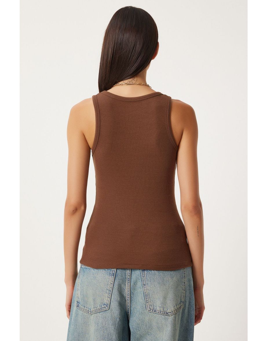 Women's Brown White 2-Piece Ribbed Thick Strappy Knitted Undershirt - 10