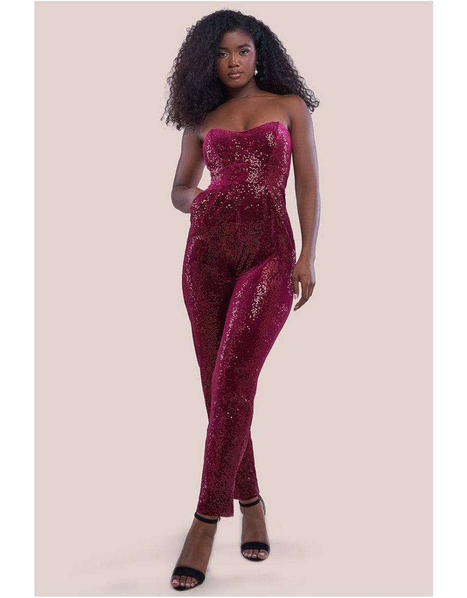 Goddiva Sequin & Velvet Corset Jumpsuit - Wine