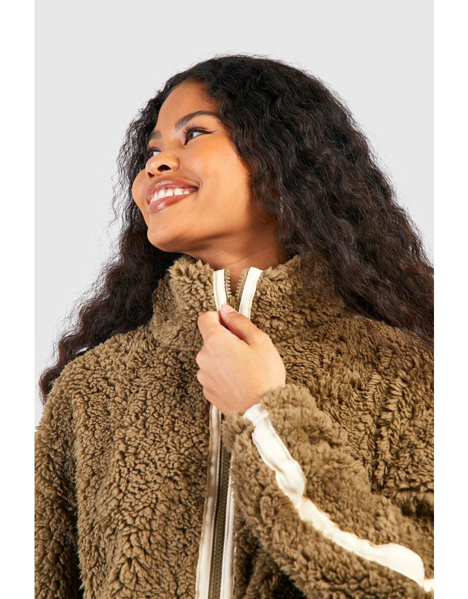 Petite High Neck Zip Through Fleece Sweatshirt - taupe - 3