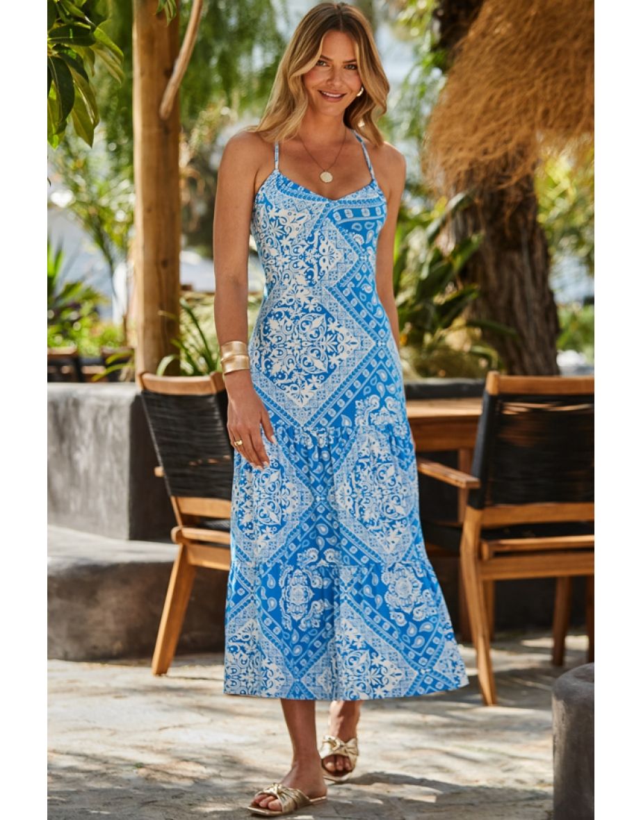 Blue Scarf Print Maxi Dress
