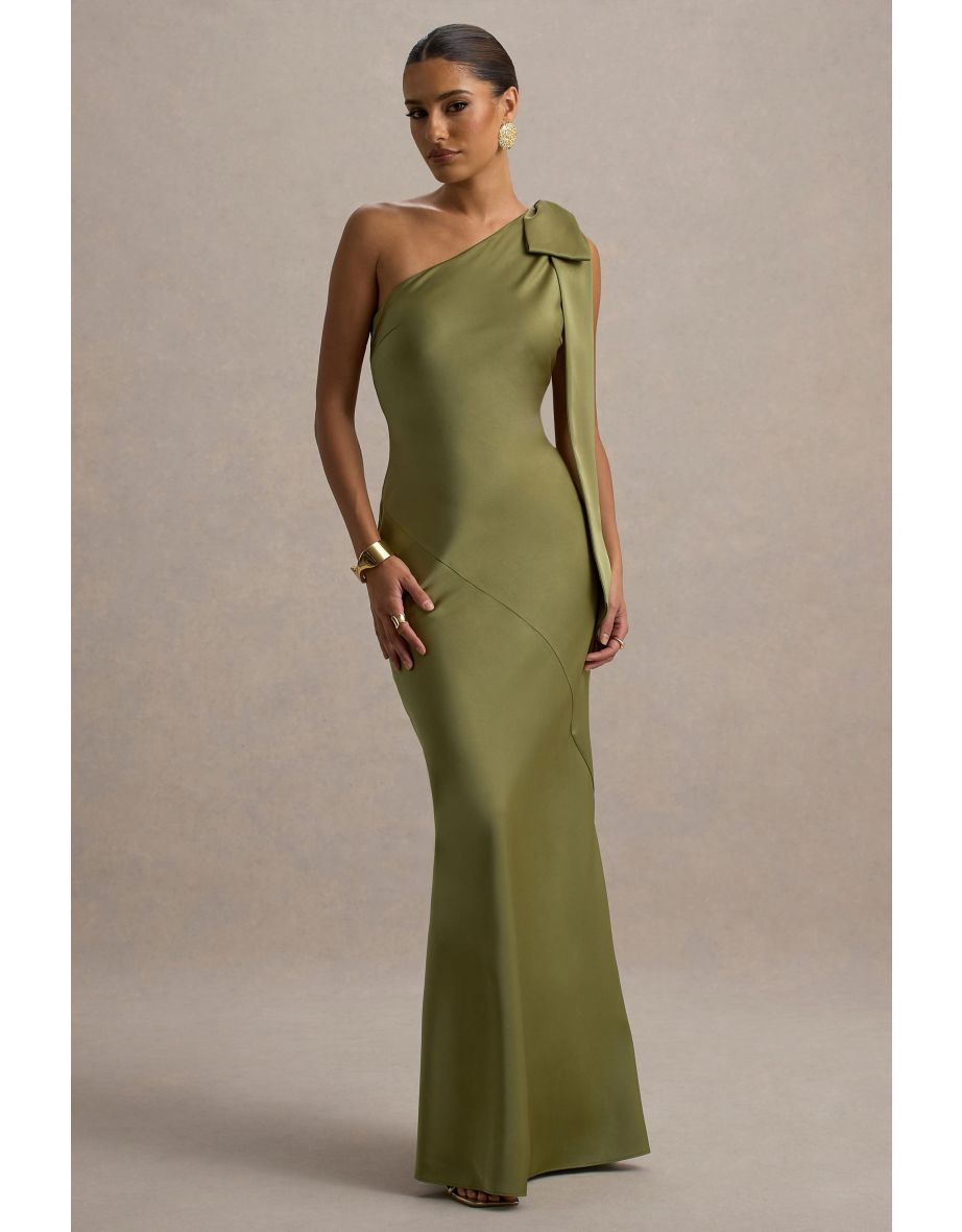 Here For Love | Khaki Satin Asymmetric Maxi Dress With Bow