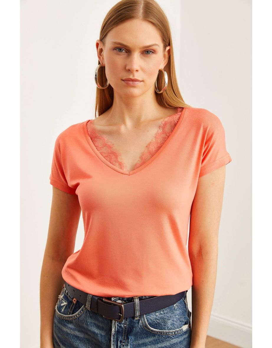 Women's Melon Neck Lace Loose Viscose Blouse