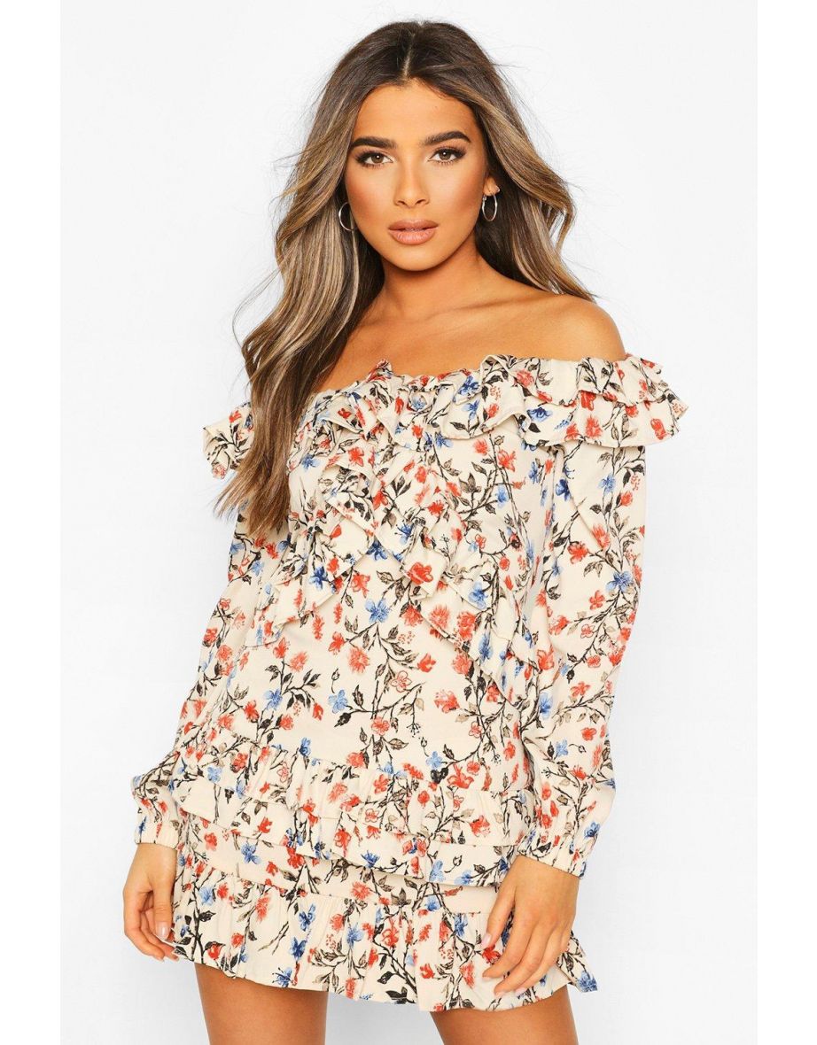 Petite Floral Off Shoulder Ruffle Detail Mini Dress - stone - 3