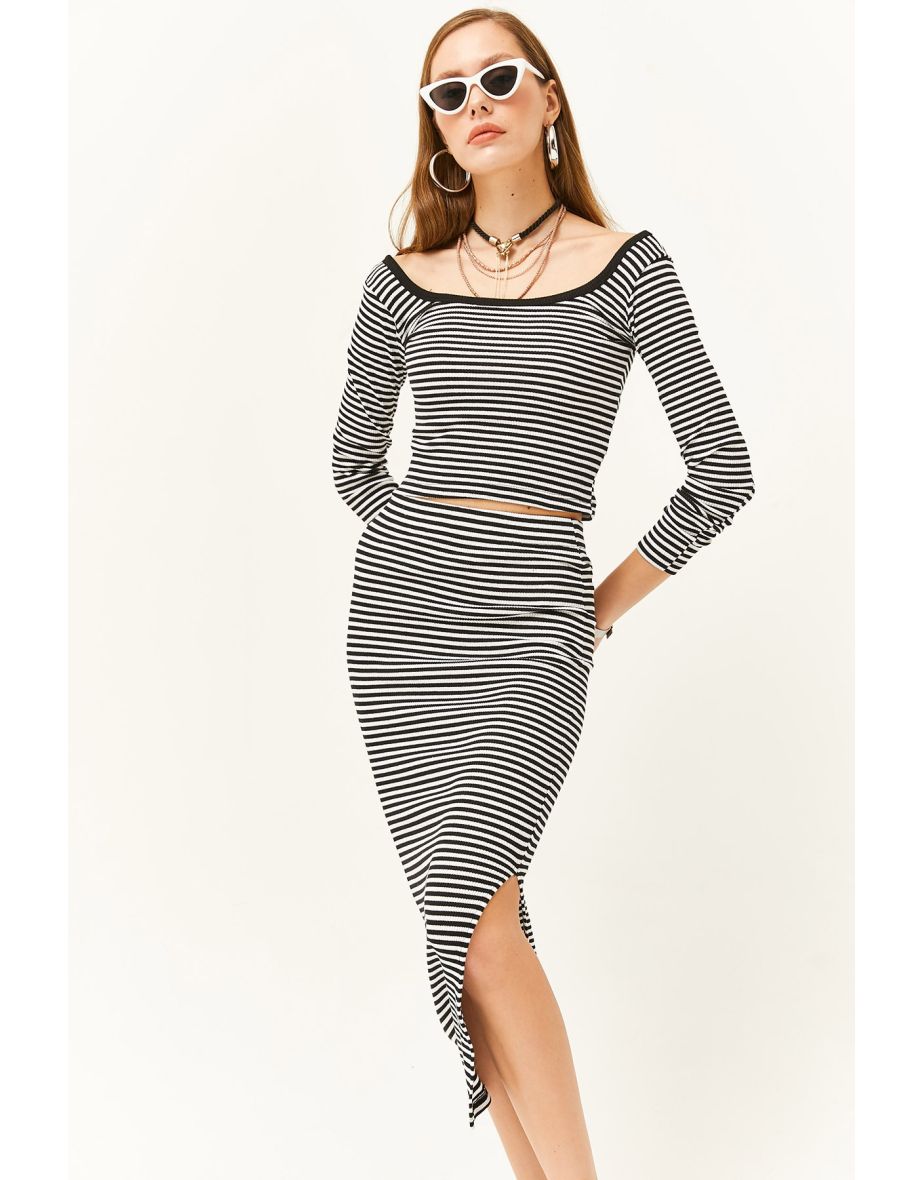 Women's Striped Black Open Collar Long Sleeve Blouse Slit Skirt Suit