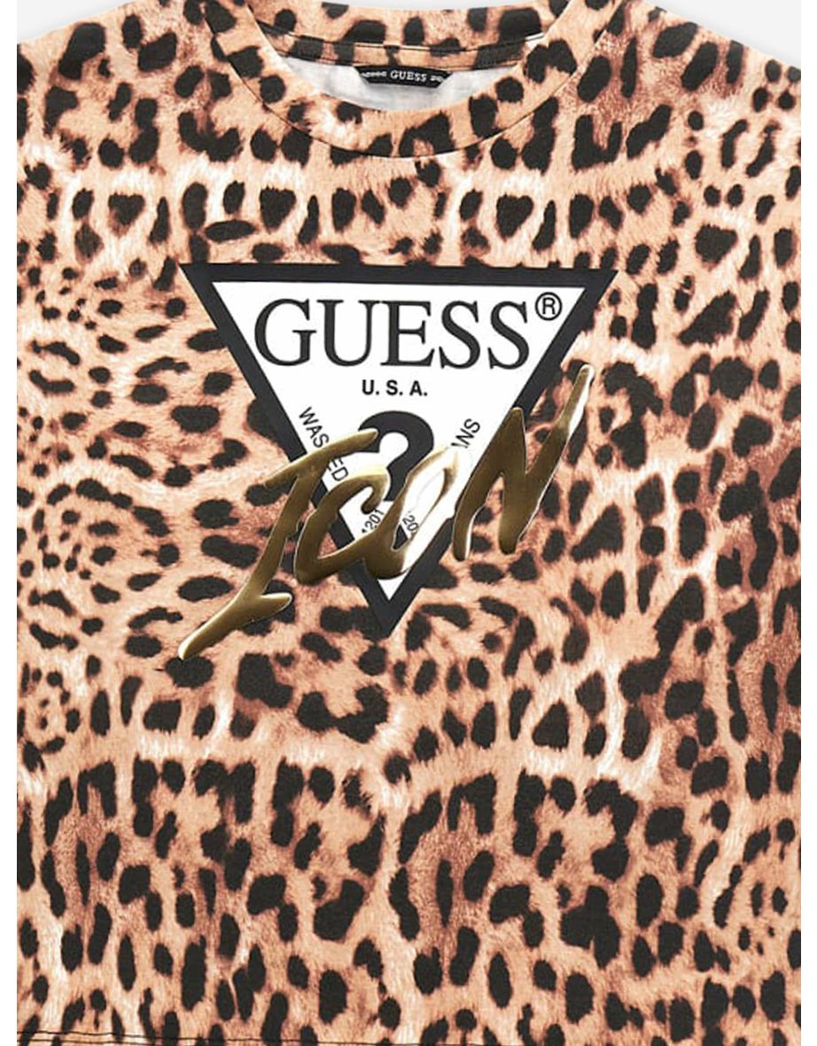 Guess Girls Leopard Print Logo T-Shirt in Brown - 3