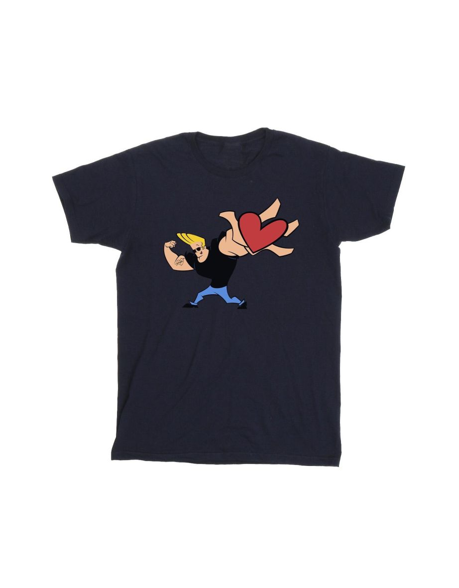 Johnny Bravo Mens Heart Present T-Shirt - Navy Blue