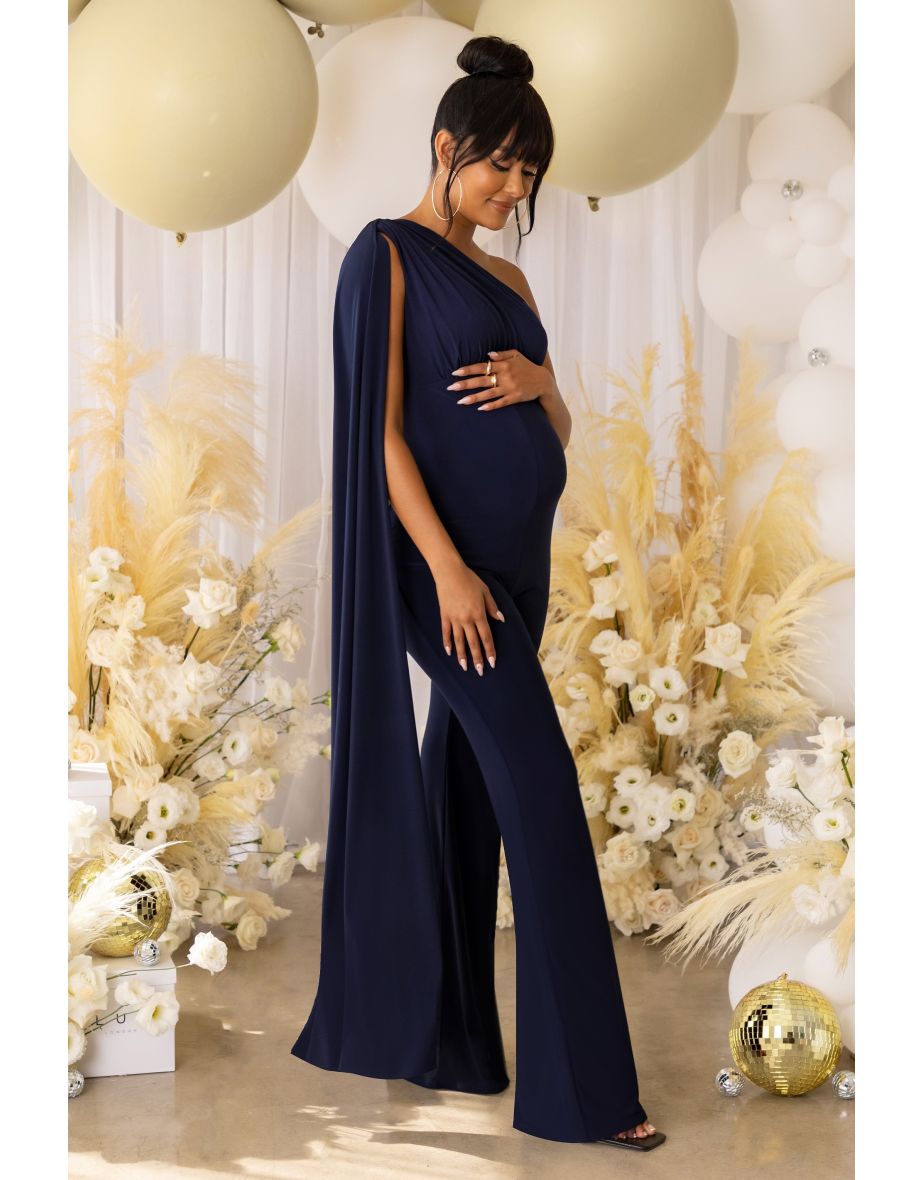 Navy Maternity Maternity One Shoulder Cape Jumpsuit