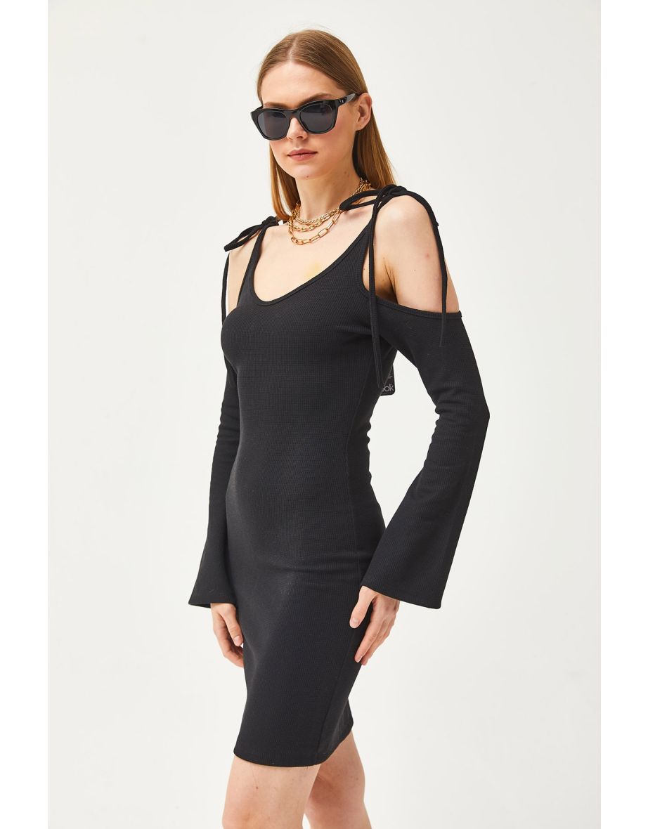 Women's Black Strap Tied Spanish Sleeve Waffle Dress - 5