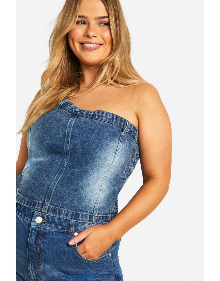 Plus Asymmetric Seam Detail Washed Denim Top - 3