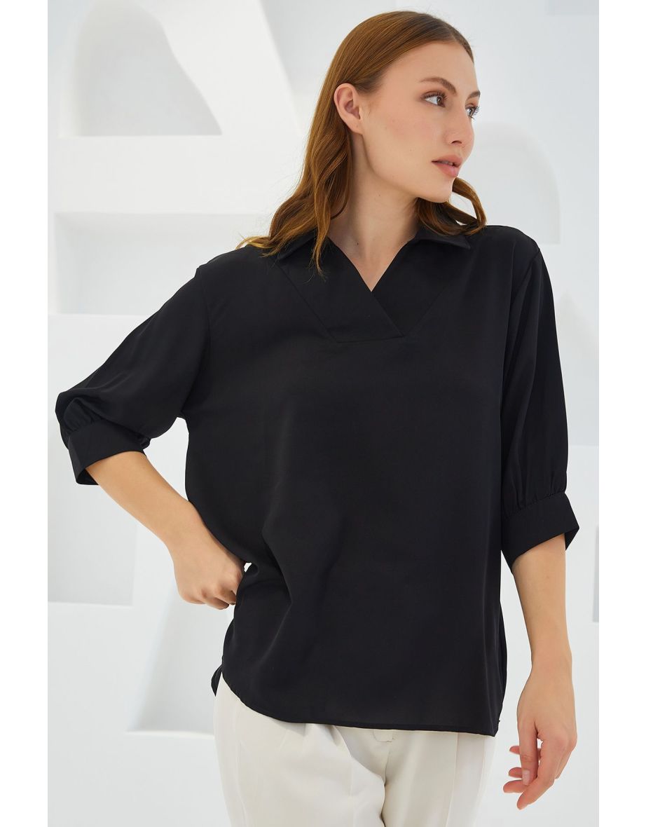Women's Black Shirt Collar Satin Blouse
